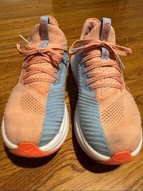Hoka Peach and Light Blue Knit Lace-Up Running Shoes